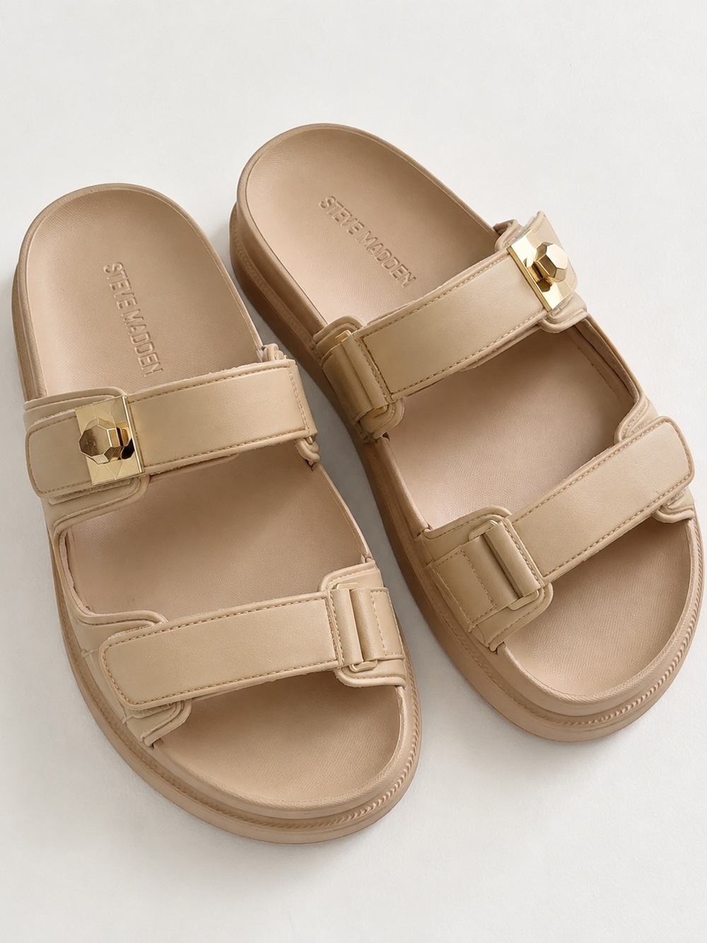 Steve Madden Nude Beige Dual-Strap Slide Sandals with Gold Accent